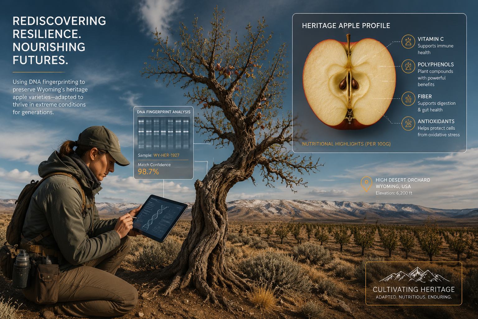 () editorial illustration showing a researcher in field gear using a tablet with DNA fingerprint analysis while examining a